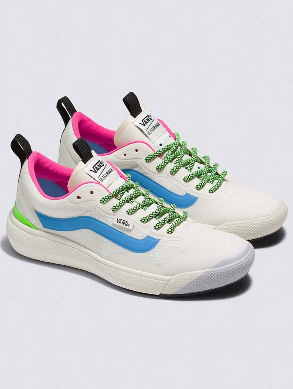 Vans Ultrarange White Sneakers with Blue Swoosh & Pink Lining